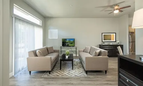 Bright renovated living room with two sofas facing a TV and sliding glass door