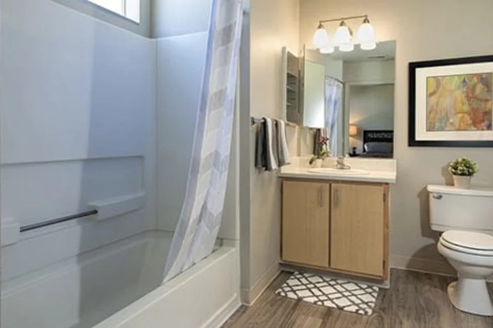 Renovated apartment bathroom with bathtub-shower, light wood vanity, toilet, and framed artwork