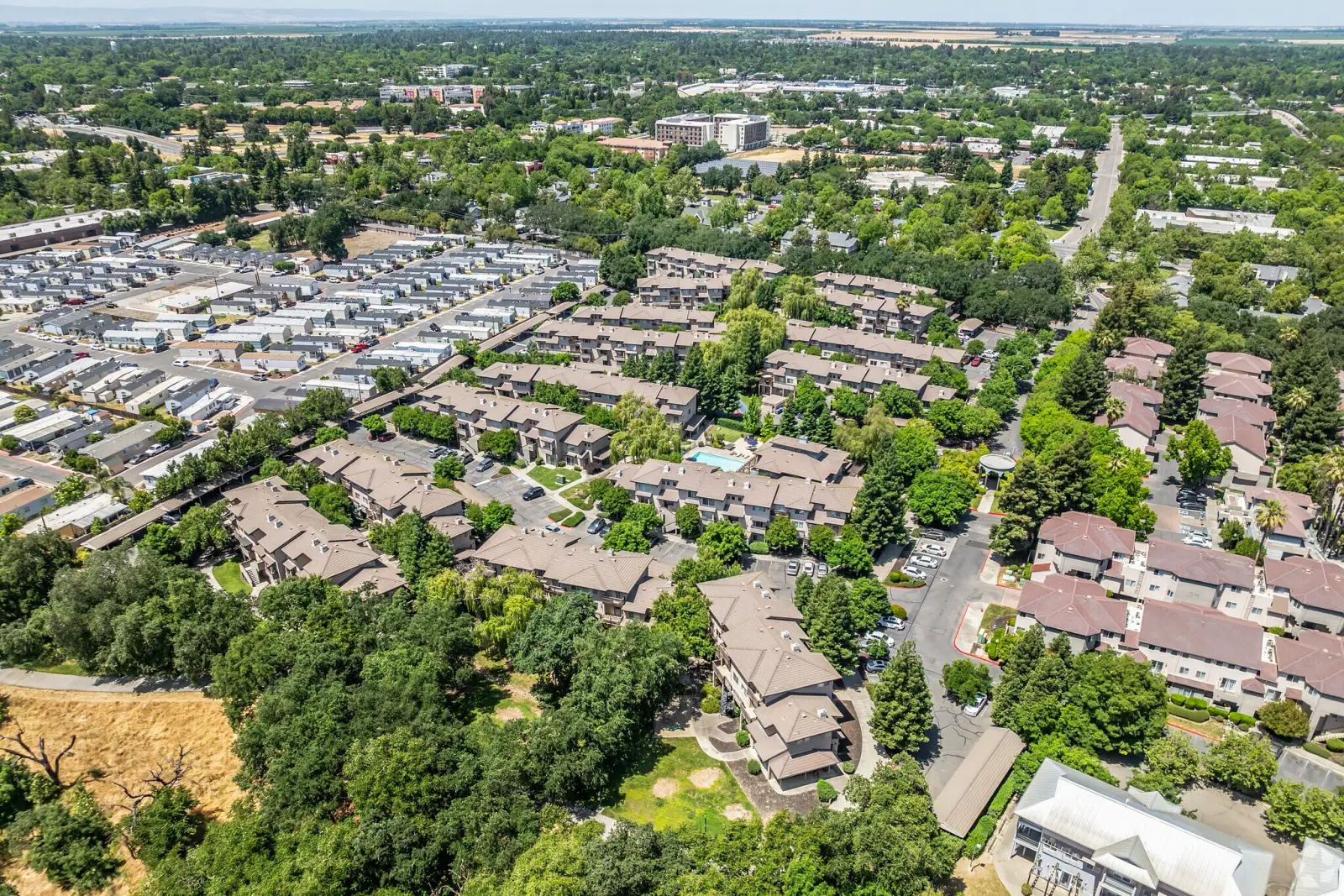 Aerial view of renovated apartment community near UC Davis showing townhomes, pool, and tree-lined streets