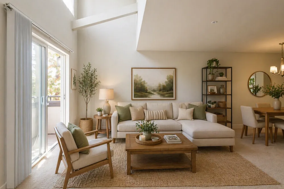 Bright renovated living room with chaise sofa, wooden coffee table, and sliding glass door