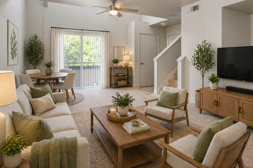 Bright furnished living room and dining area in a renovated townhome with neutral decor and balcony access