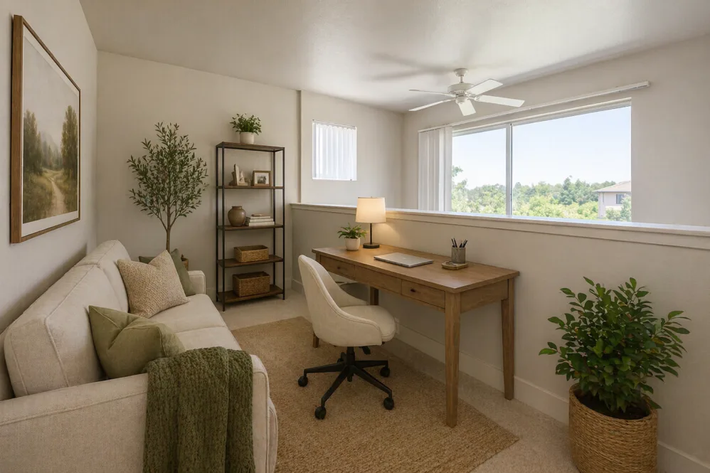 Bright apartment study nook with wooden desk, sofa, and large window overlooking trees