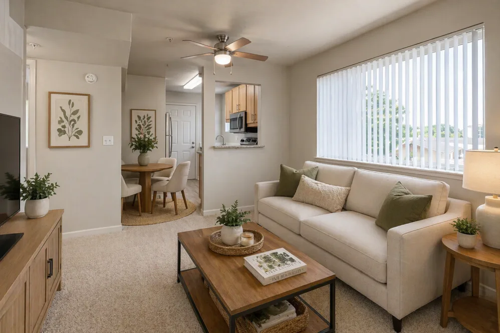 Bright furnished living room in renovated apartment with sofa, coffee table, and dining nook by a large window