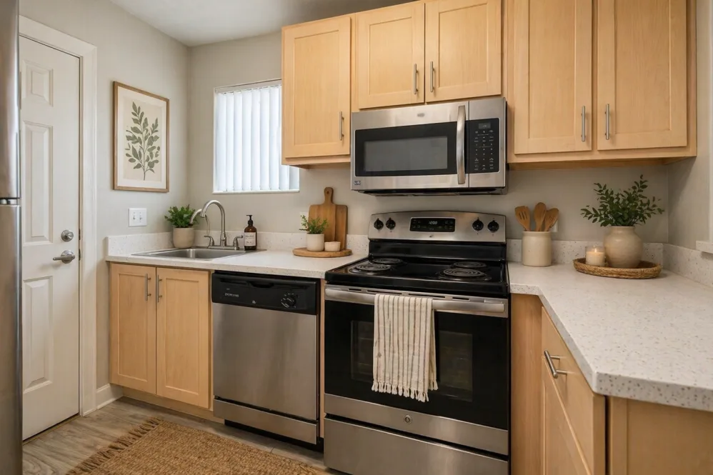 Renovated kitchen with stainless steel appliances, light wood cabinets, and quartz countertops